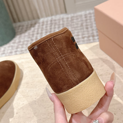 MIUMIU 25S SLIP-ON BOOTIES IN DARK BROWN SUEDE WITH FAUX SHEARLING