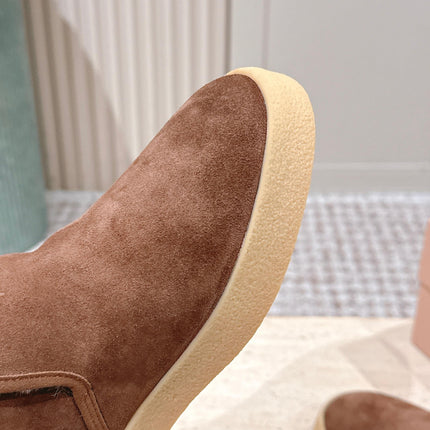 MIUMIU 25S SLIP-ON BOOTIES IN DARK BROWN SUEDE WITH FAUX SHEARLING