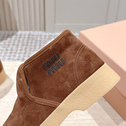 MIUMIU 25S SLIP-ON BOOTIES IN DARK BROWN SUEDE WITH FAUX SHEARLING