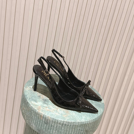 PRADA 26S POINTED-TOE SLINGBACK HEELS 85MM IN BLACK CROC-EMBOSSED CALFSKIN