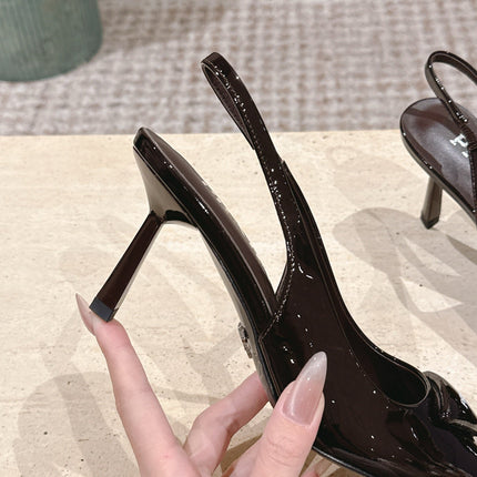 PRADA 26S POINTED-TOE SLINGBACK HEELS 75MM IN DARK BROWN PATENT CALFSKIN