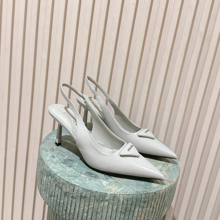 PRADA 26S POINTED-TOE SLINGBACK HEELS 75MM IN SOFT GRAY SHINY CALFSKIN