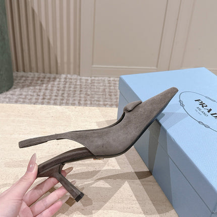 PRADA 26S POINTED-TOE SLINGBACK HEELS 75MM IN TAUPE GRAY SUEDE WITH LOGO
