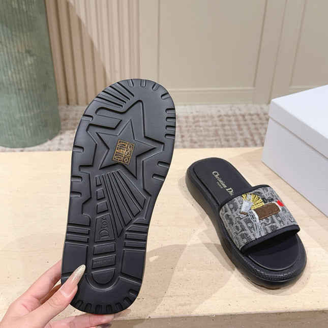 DIOR 26S SLIDE SANDALS IN GREY MONOGRAM EMBROIDERED CANVAS