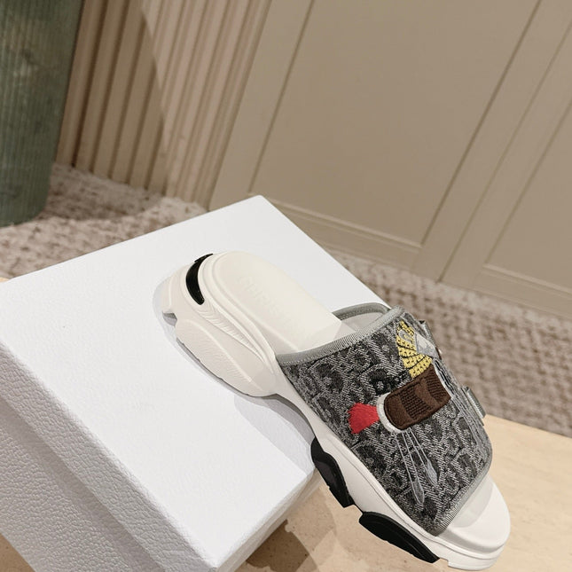DIOR 26S DOUBLE STRAP SLIDE SANDALS IN GREY MONOGRAM CANVAS
