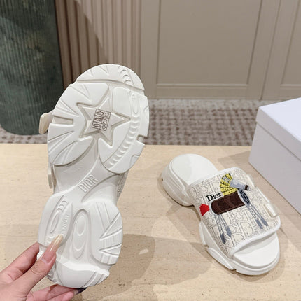 DIOR 26S DOUBLE STRAP SLIDE SANDALS IN WHITE LACE MONOGRAM CANVAS