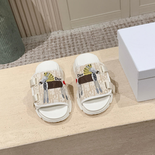 DIOR 26S DOUBLE STRAP SLIDE SANDALS IN BEIGE MONOGRAM CANVAS
