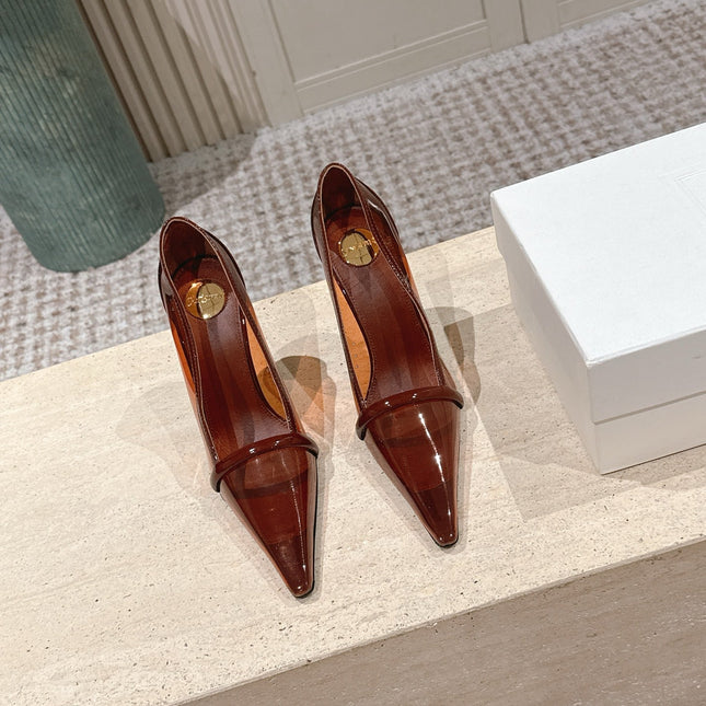 YSL 26S POINTED-TOE PUMPS 100 MM IN TRANSPARENT BROWN TPU
