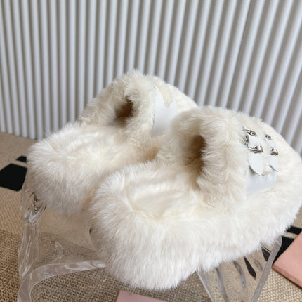 MULES IN WHITE RABBIT FUR SILVER HARDWARE