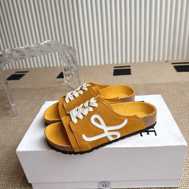 LOEWE 26S LACE-UP FLAT SLIDES IN MUSTARD YELLOW SUEDE