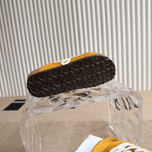 LOEWE 26S LACE-UP FLAT SLIDES IN MUSTARD YELLOW SUEDE