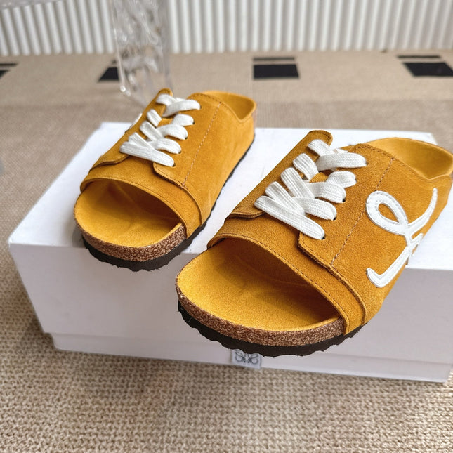 LOEWE 26S LACE-UP FLAT SLIDES IN MUSTARD YELLOW SUEDE