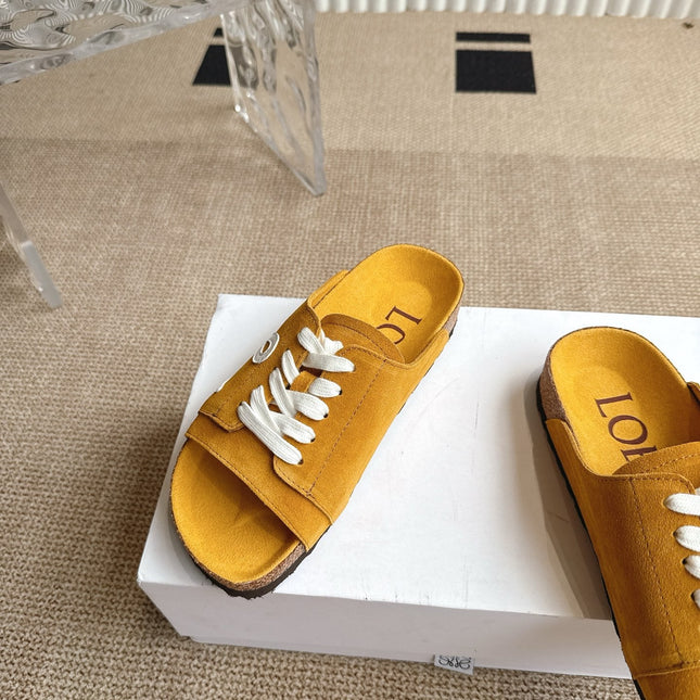LOEWE 26S LACE-UP FLAT SLIDES IN MUSTARD YELLOW SUEDE