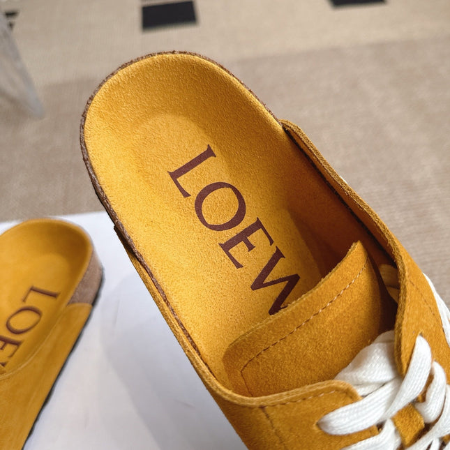 LOEWE 26S LACE-UP FLAT SLIDES IN MUSTARD YELLOW SUEDE