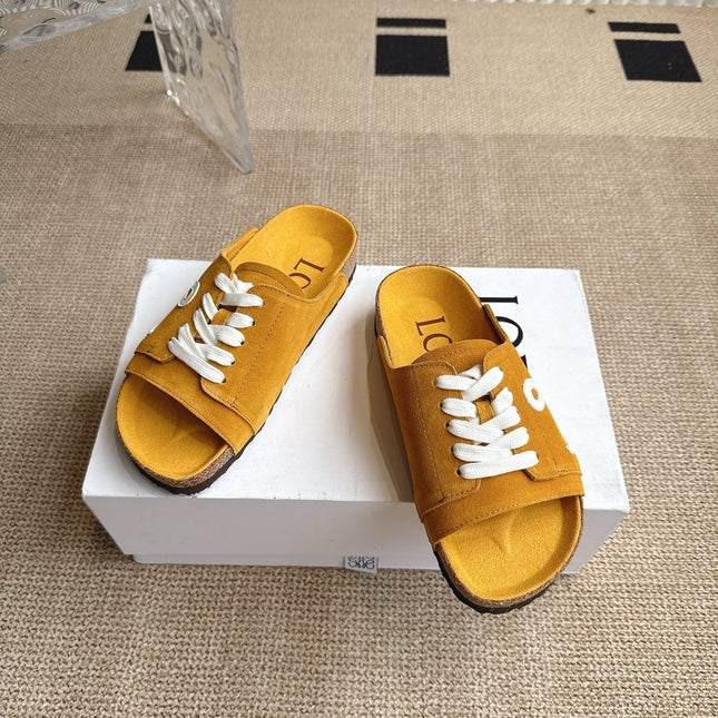 LOEWE 26S LACE-UP FLAT SLIDES IN MUSTARD YELLOW SUEDE