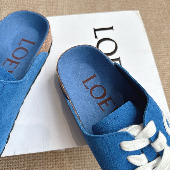 LOEWE 26S LACE-UP FLAT SLIDES IN BLUE SUEDE