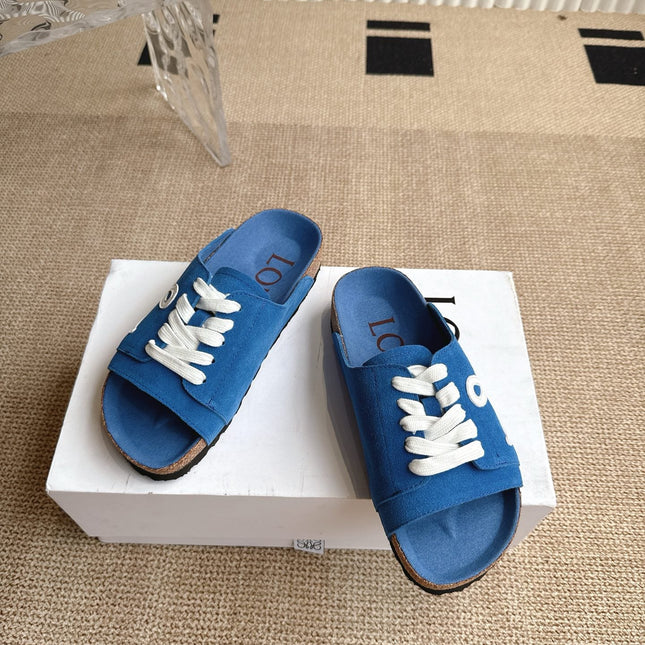 LOEWE 26S LACE-UP FLAT SLIDES IN BLUE SUEDE