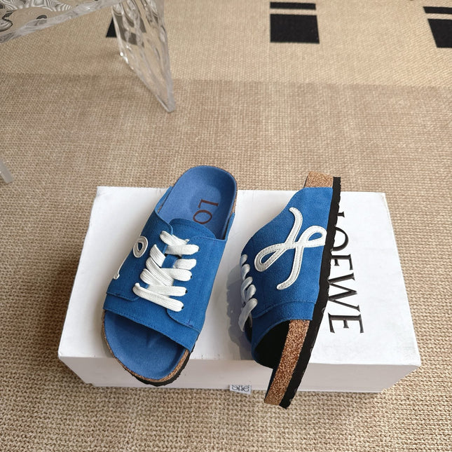 LOEWE 26S LACE-UP FLAT SLIDES IN BLUE SUEDE
