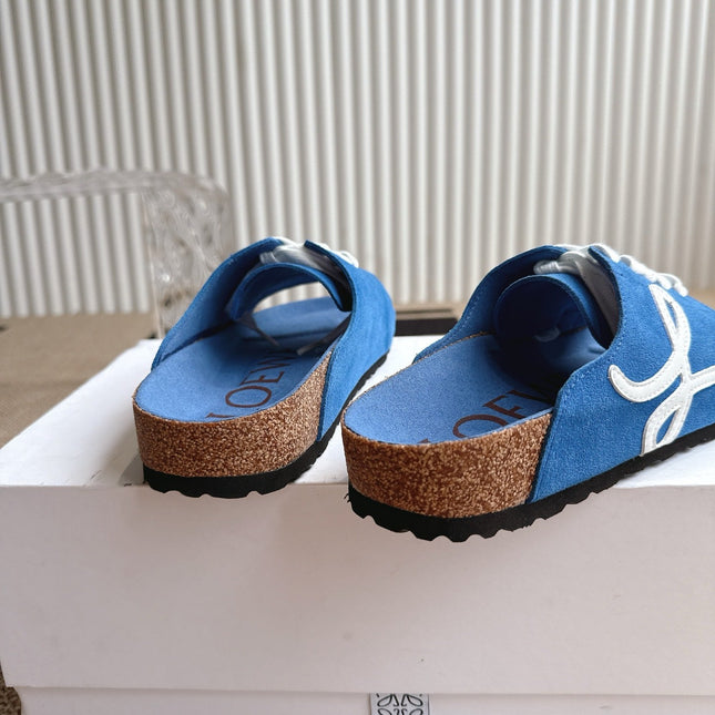 LOEWE 26S LACE-UP FLAT SLIDES IN BLUE SUEDE