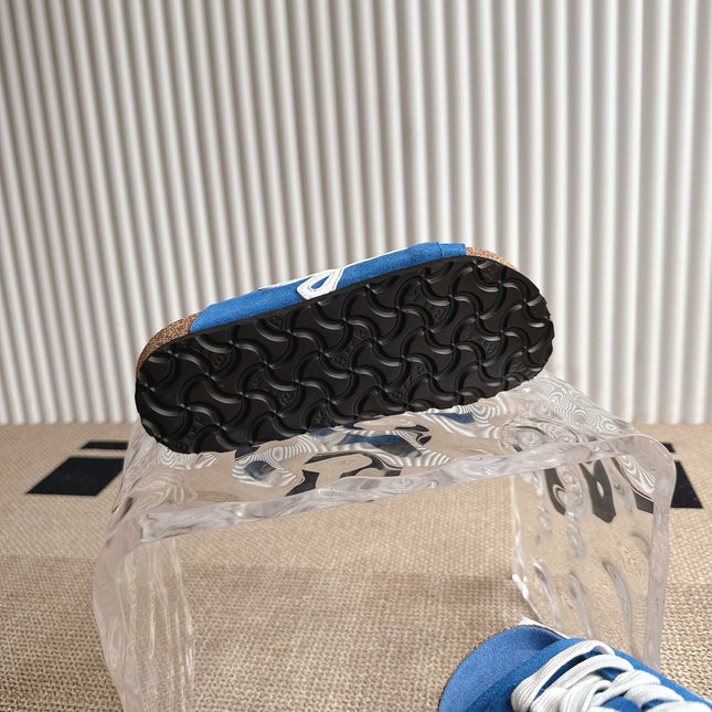 LOEWE 26S LACE-UP FLAT SLIDES IN BLUE SUEDE