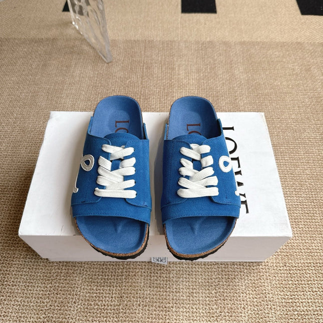 LOEWE 26S LACE-UP FLAT SLIDES IN BLUE SUEDE