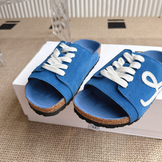 LOEWE 26S LACE-UP FLAT SLIDES IN BLUE SUEDE