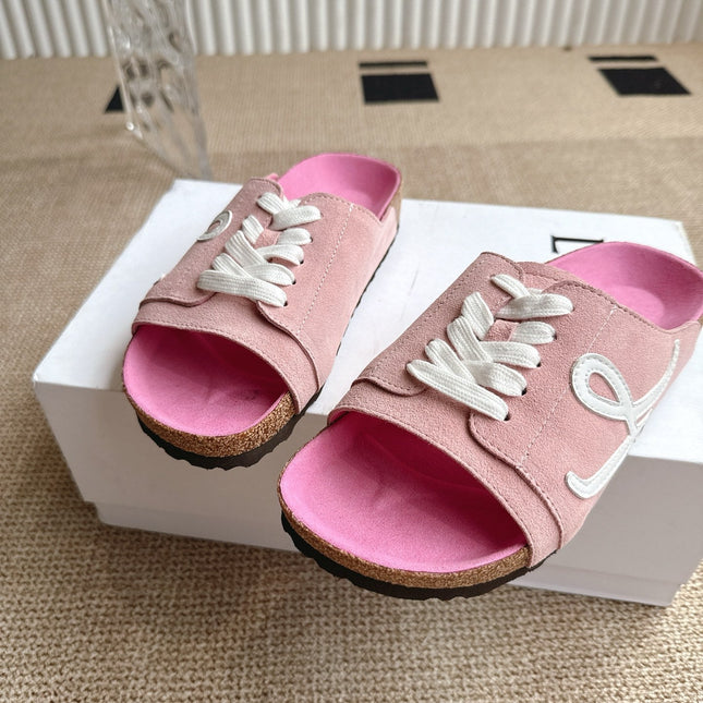 LOEWE 26S LACE-UP FLAT SLIDES IN PINK SUEDE