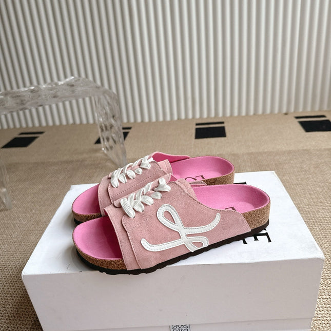 LOEWE 26S LACE-UP FLAT SLIDES IN PINK SUEDE