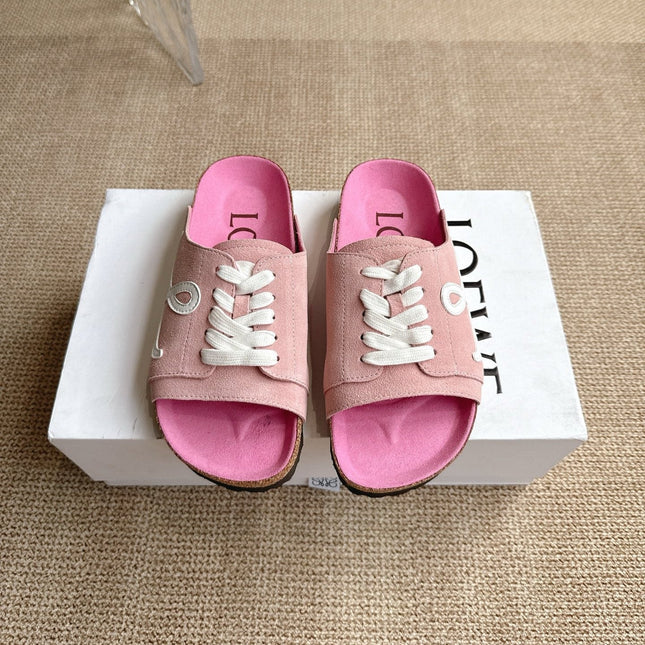 LOEWE 26S LACE-UP FLAT SLIDES IN PINK SUEDE