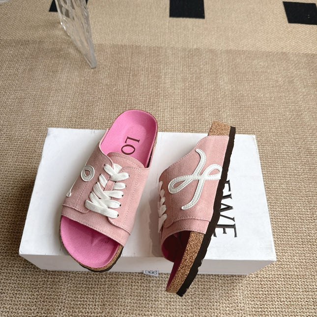 LOEWE 26S LACE-UP FLAT SLIDES IN PINK SUEDE