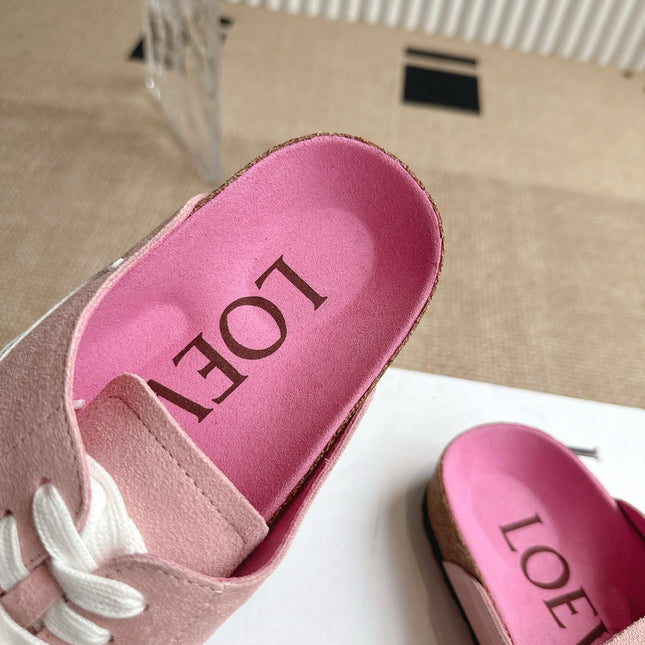 LOEWE 26S LACE-UP FLAT SLIDES IN PINK SUEDE