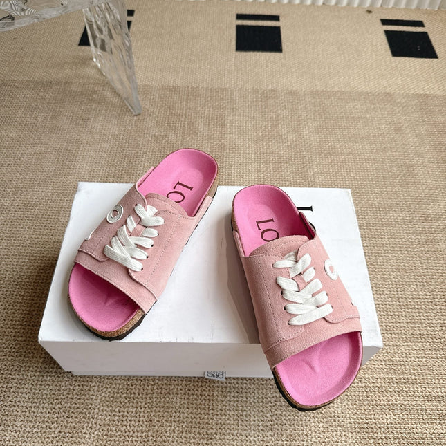 LOEWE 26S LACE-UP FLAT SLIDES IN PINK SUEDE