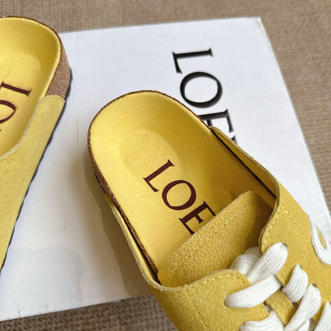 LOEWE 26S LACE-UP FLAT SLIDES IN YELLOW SUEDE