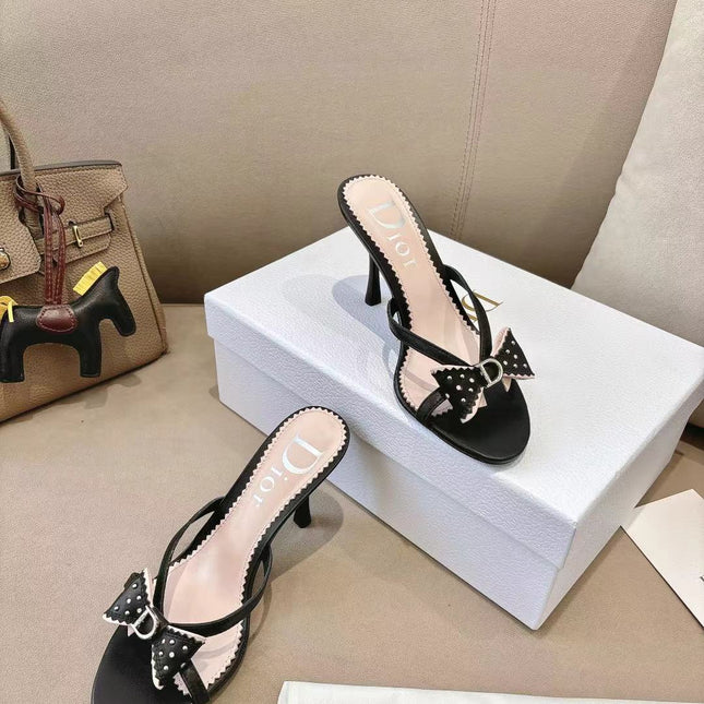 DIOR 26S KITTEN HEEL SANDALS 85MM IN BLACK CALFSKIN BOW STUDDED