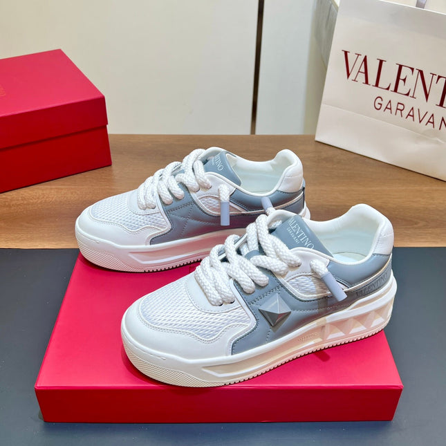 VALENTINO 25S GARAVANI ONE STUD XL PLATFORM SNEAKERS IN WHITE MIX MISTY BLUE LAMBSKIN
