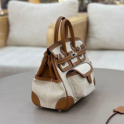 HM 25S BIRKIN CARGO 25 CM IN OFF-WHITE CANVAS AND BROWN SWIFT WITH SILVER HARDWARE