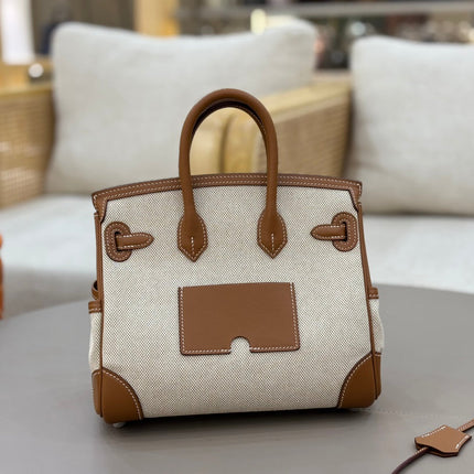 HM 25S BIRKIN CARGO 25 CM IN OFF-WHITE CANVAS AND BROWN SWIFT WITH SILVER HARDWARE