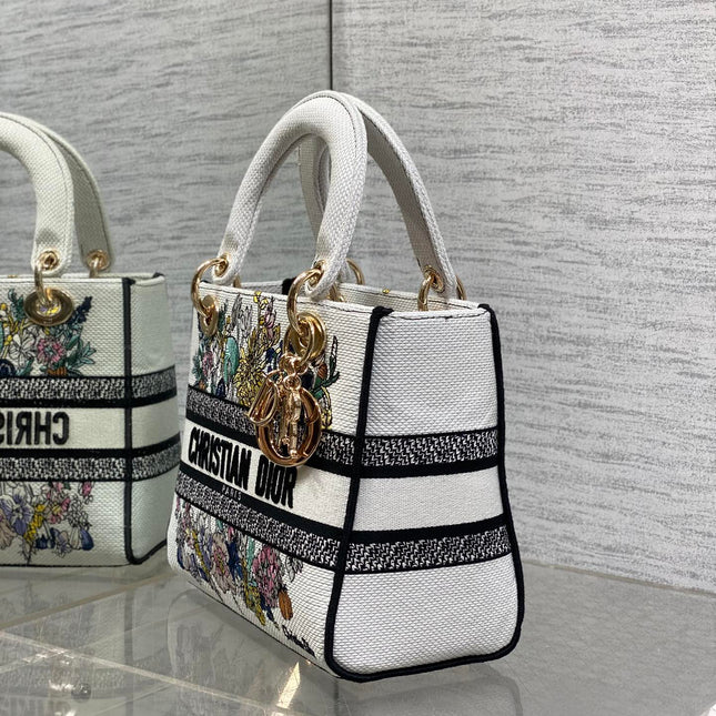 DIOR 25S SMALL LADY D-LITE BAG 24 IN WHITE DIOR FLOWERS CALENDAR ALLOVER EMBROIDERY