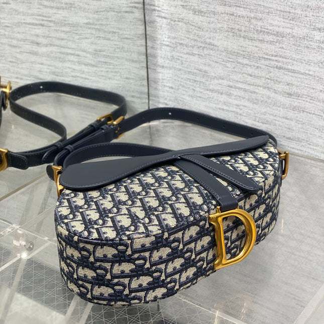 DIOR 25S MEDIUM SOFT SADDLE BAG 25 IN BLUE DIOR OBLIQUE JACQUARD AND SMOOTH CALFSKIN
