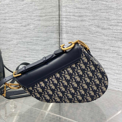 DIOR 25S MEDIUM SOFT SADDLE BAG 25 IN BLUE DIOR OBLIQUE JACQUARD AND SMOOTH CALFSKIN