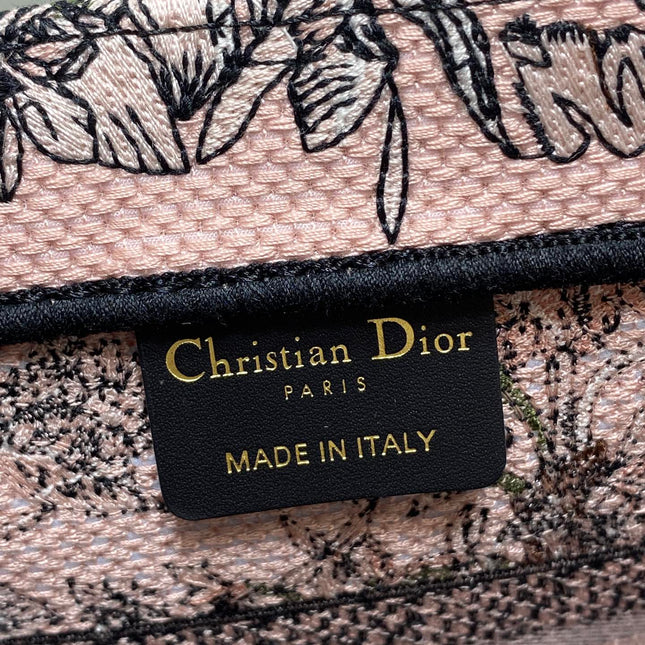 DIOR 25S LUCKY SMALL DIOR BOOK TOTE 26 IN PINK MULTICOLOR DIOR FLOWERS CALENDAR ALLOVER EMBROIDERY