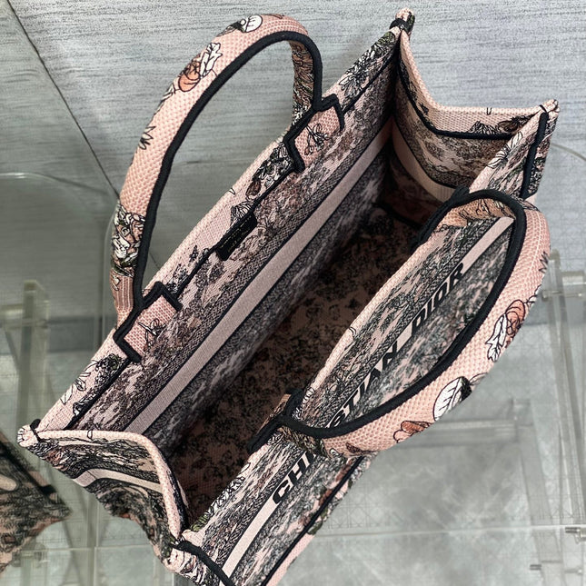 DIOR 25S LUCKY MEDIUM DIOR BOOK TOTE 36 IN PINK MULTICOLOR DIOR FLOWERS CALENDAR ALLOVER EMBROIDERY