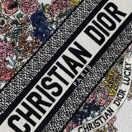DIOR 25S LUCKY MEDIUM DIOR BOOK TOTE 36 IN WHITE MULTICOLOR DIOR STAR EMBROIDERY