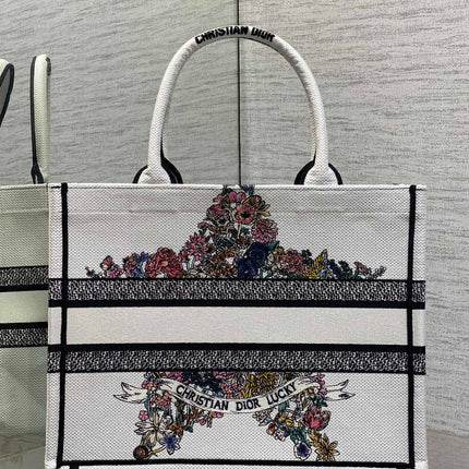 DIOR 25S LUCKY MEDIUM DIOR BOOK TOTE 36 IN WHITE MULTICOLOR DIOR STAR EMBROIDERY