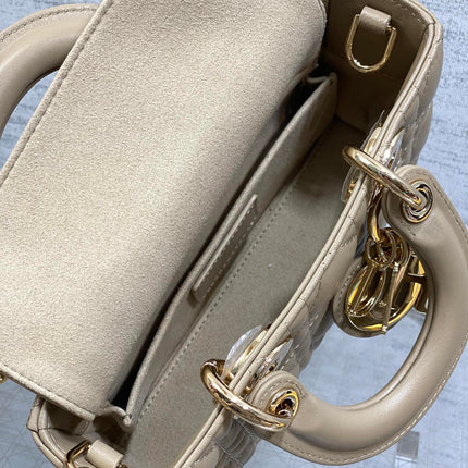 DIOR 25S SMALL LADY D‑JOY BAG 19 IN DARK BEIGE CANNAGE CALFSKIN GOLD HARDWARE