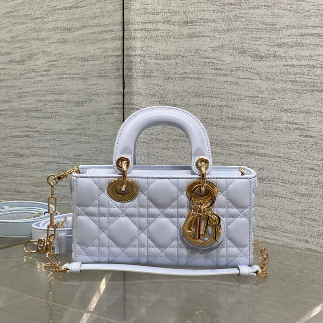 DIOR 25S SMALL LADY D‑JOY BAG 19 IN LIGHT BLUE CANNAGE CALFSKIN GOLD HARDWARE
