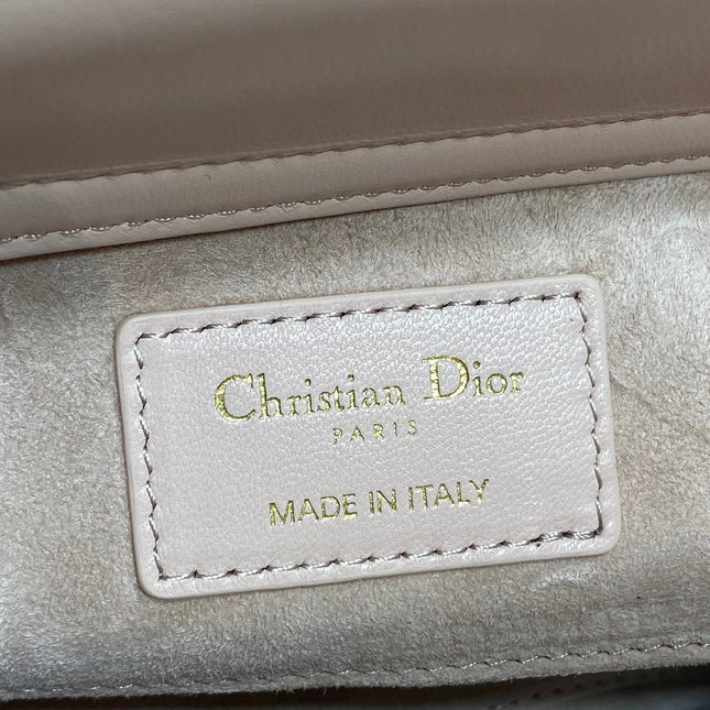 DIOR 25S SMALL LADY D‑JOY BAG 22 IN BABY PINK CALFSKIN GOLD HARDWARE