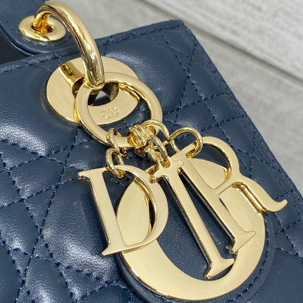 DIOR 25S MEDIUM LADY BAG 24 IN DEEP OCEAN BLUE CALFSKIN GOLD HARDWARE