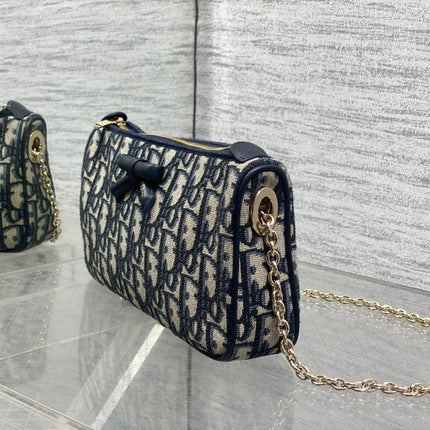 DIOR 26S PROMENADE BAG 22 IN NAVY BLUE AND BEIGE OBLIQUE JACQUARD
