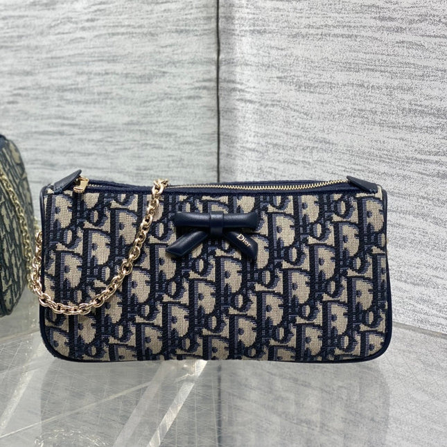DIOR 26S PROMENADE BAG 22 IN NAVY BLUE AND BEIGE OBLIQUE JACQUARD